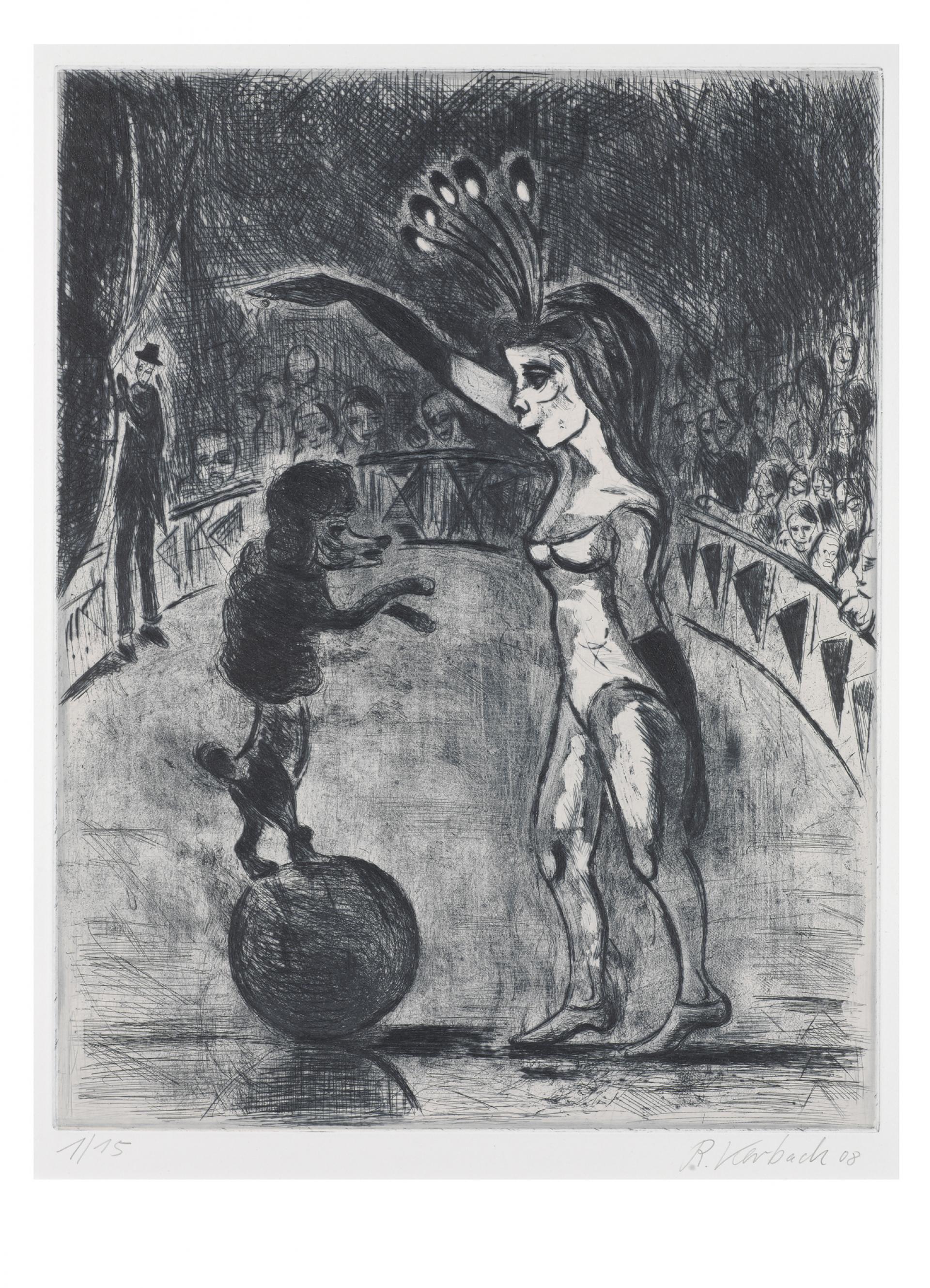 Radierung; Seitansicht einer Zirkusartistin in der Manege, die einen schwarzen Pudel vor sich auf den Hinterläufen auf einem Ball  balancieren lässt.