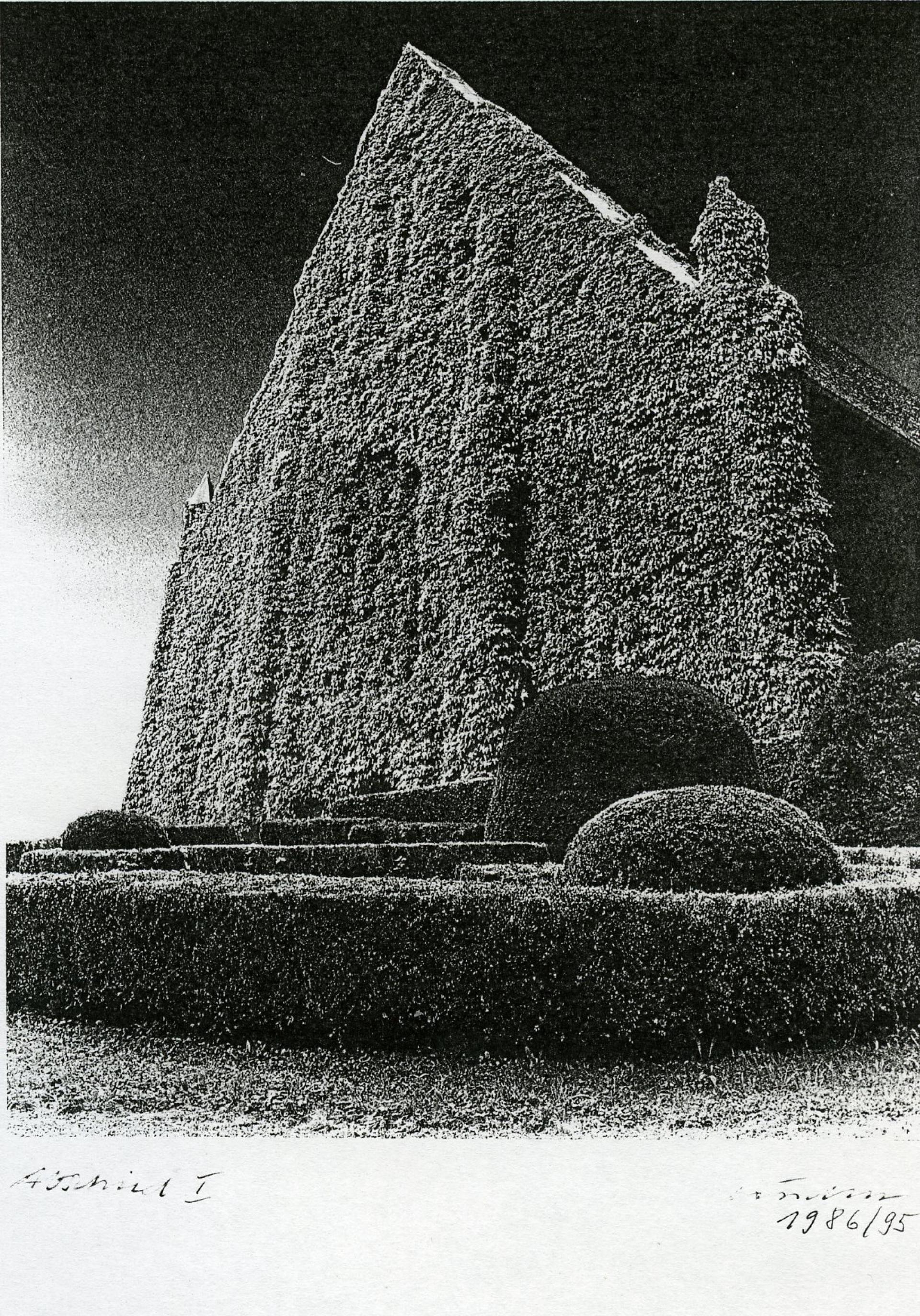 schwarz-weiß Fotographie einer großen , komplett zugewachsenen Hausfassade mit Spitzgiebeldach. Davor gepflegte Zierbüsche.
